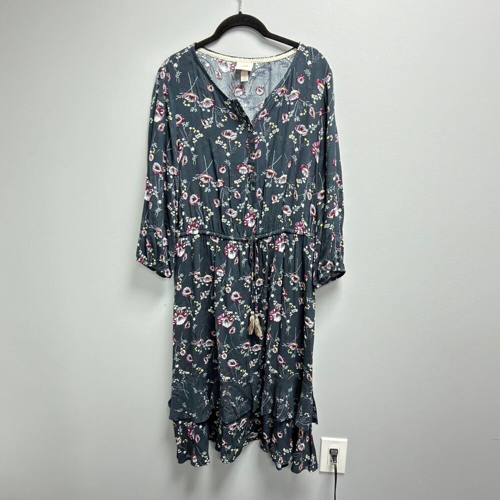 Knox Rose Women's Bishop Sleeve Floral Boho Ruffles Bohemian Transition Dress L